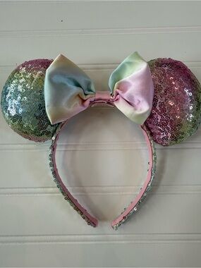 Pastel Sequin Minnie Ear Headband with Ombre Satin Bow